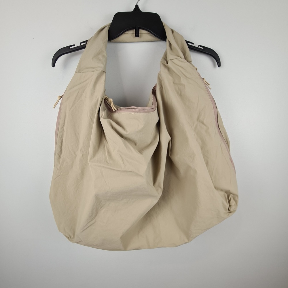 Tan Beige Oversized Slouchy Nylon Hobo Shoulder Bag Multiple Zip Pockets Large
